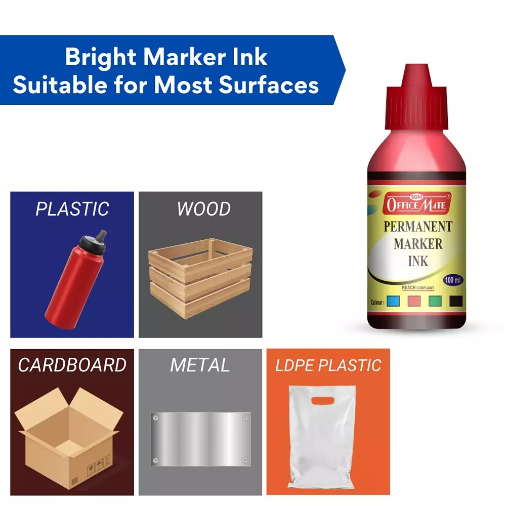 Soni Office Mate 100 ml Permanent Marker Refill Ink Quick Dry, Vibrant, Eco-Friendly, Red (Pack of 10)