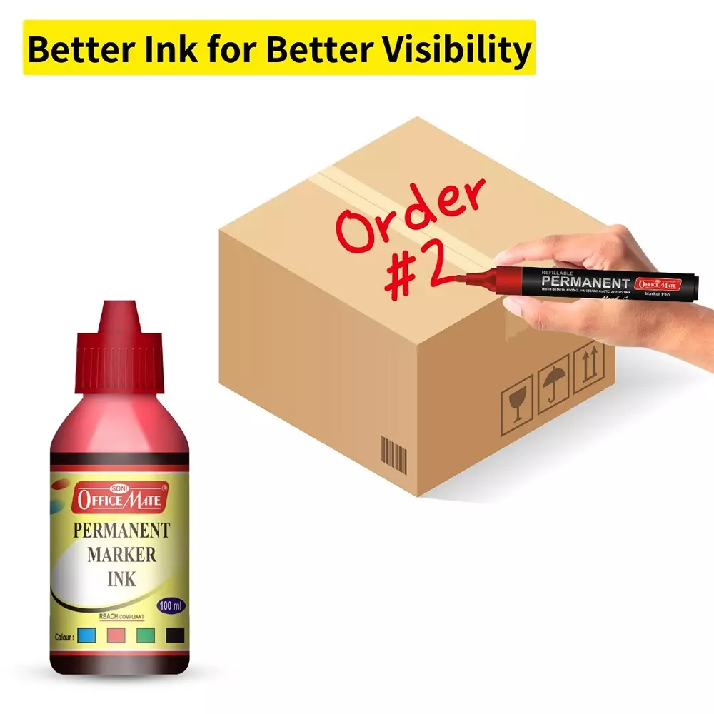 Soni Office Mate 100 ml Permanent Marker Refill Ink Quick Dry, Vibrant, Eco-Friendly, Red (Pack of 10)