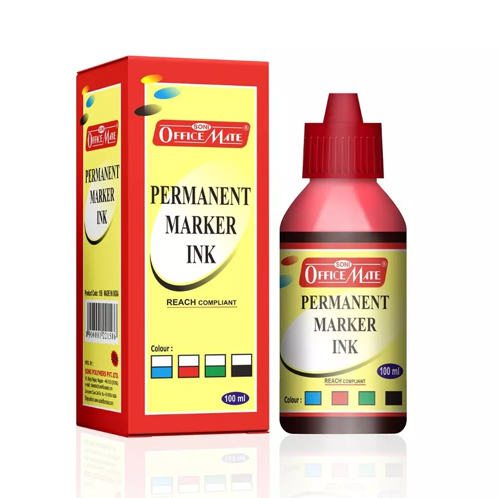Soni Office Mate 100 ml Permanent Marker Refill Ink Quick Dry, Vibrant, Eco-Friendly, Red (Pack of 10)