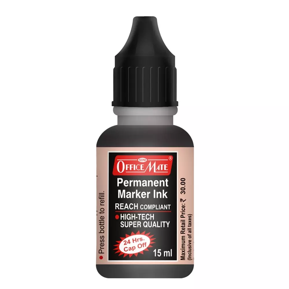 Soni Office Mate 15 ml Permanent Marker Refill Ink Quick Dry, Vibrant, Eco-Friendly, Black (Pack of 10)