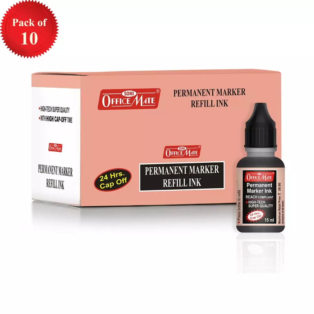 Soni Office Mate 15 ml Permanent Marker Refill Ink Quick Dry, Vibrant, Eco-Friendly, Black (Pack of 10)