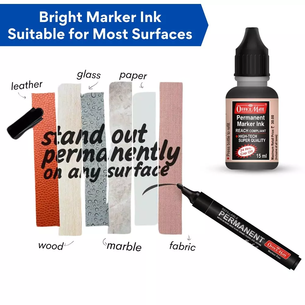 Soni Office Mate 15 ml Permanent Marker Refill Ink Quick Dry, Vibrant, Eco-Friendly, Black (Pack of 10)