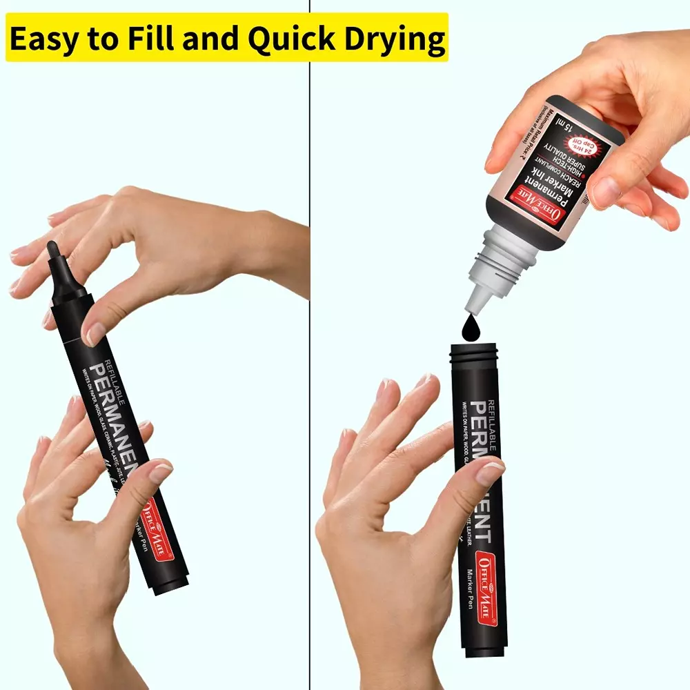 Soni Office Mate 15 ml Permanent Marker Refill Ink Quick Dry, Vibrant, Eco-Friendly, Black (Pack of 10)