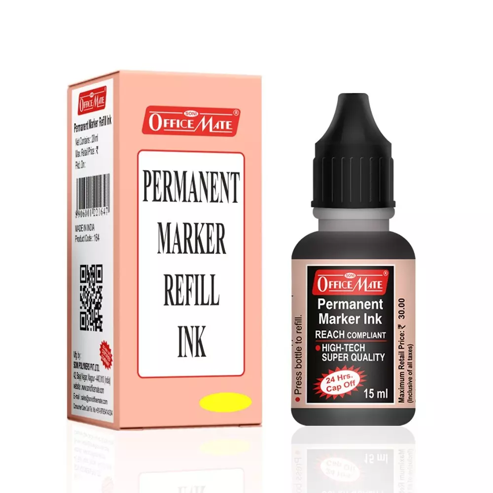 Soni Office Mate 15 ml Permanent Marker Refill Ink Quick Dry, Vibrant, Eco-Friendly, Black (Pack of 10)