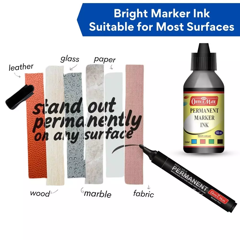 Soni Office Mate 100 ml Permanent Marker Refill Ink Quick Dry Smudge Free Long Lasting for School, Office, Craft & DIY, Multicolor (Pack of 4)