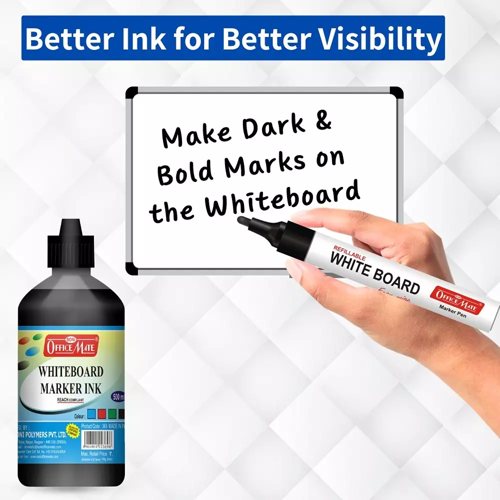 Soni Office Mate 500 ml Whiteboard Marker Refill Ink Black Color Quick Dry Smooth & Eco-Friendly for School & Office Use
