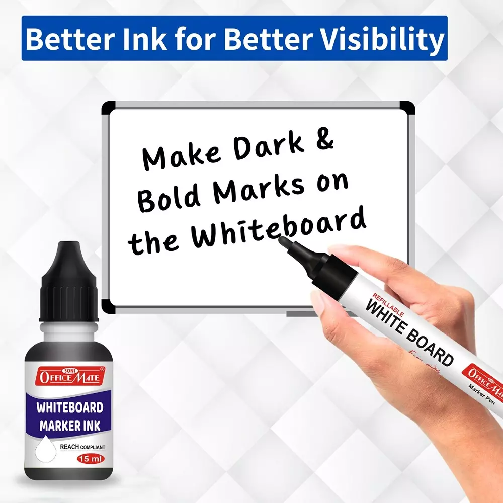 Soni Office Mate 15 ml Whiteboard Marker Refill Ink Black Color Quick Dry Smooth & Eco-Friendly for School & Office Use (Pack of 10)