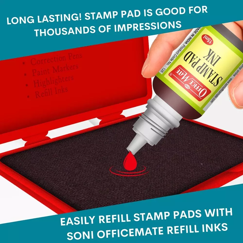 Soni Office Mate 15 ml Stamp Pad Refill Ink Quick Dry Smudge Free Long Lasting for School, Office, Craft & DIY, Multicolor (Pack of 10)