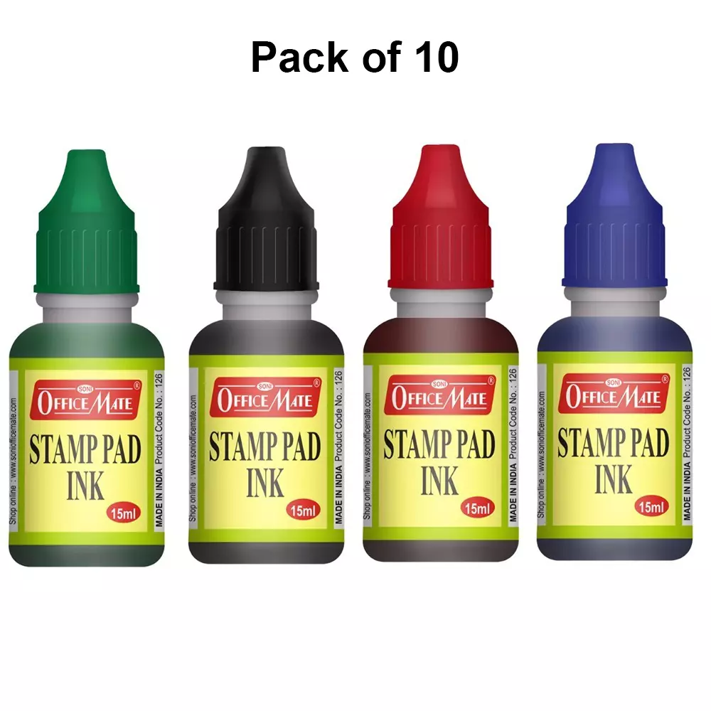Soni Office Mate 15 ml Stamp Pad Refill Ink Quick Dry Smudge Free Long Lasting for School, Office, Craft & DIY, Multicolor (Pack of 10)