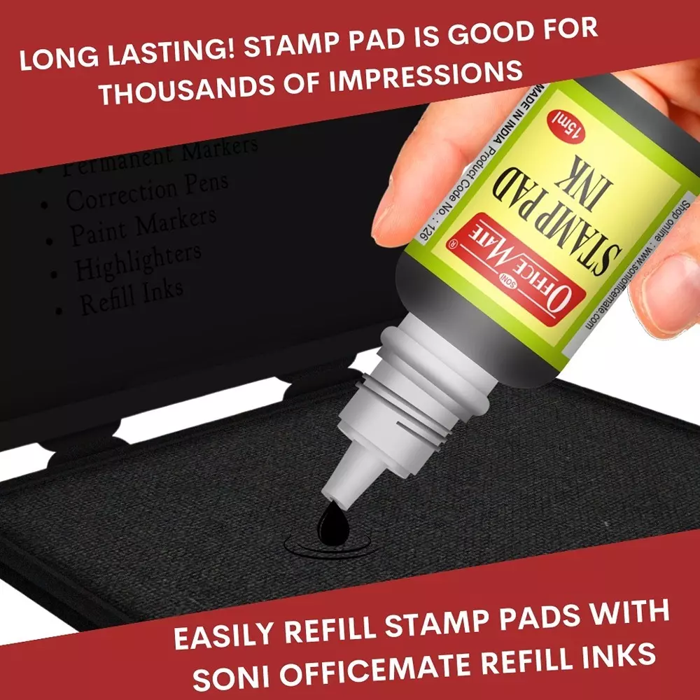 Soni Office Mate 15 ml Stamp Pad Refill Ink Quick Dry Smudge Free Long Lasting for School, Office, Craft & DIY, Black (Pack of 10)