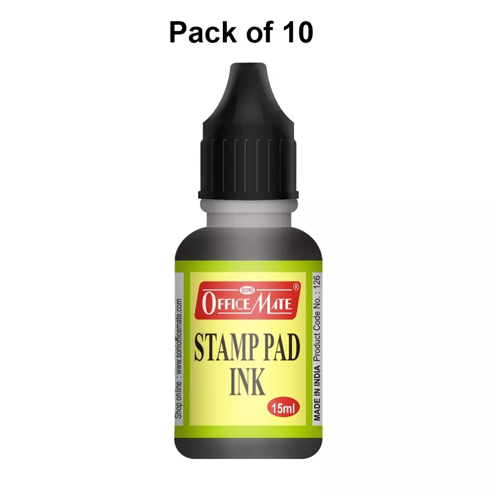 Soni Office Mate 15 ml Stamp Pad Refill Ink Quick Dry Smudge Free Long Lasting for School, Office, Craft & DIY, Black (Pack of 10)