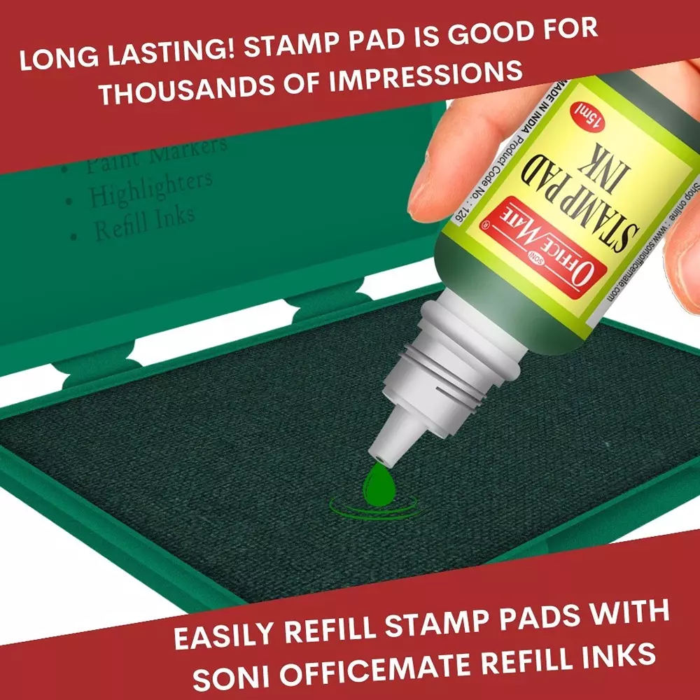 Soni Office Mate 15 ml Stamp Pad Refill Ink Quick Dry Smudge Free Long Lasting for School, Office, Craft & DIY, Green (Pack of 10)