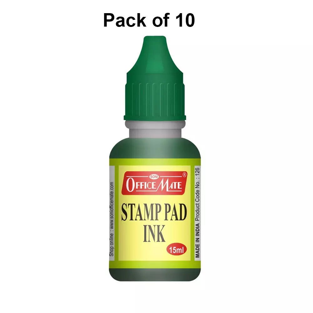 Soni Office Mate 15 ml Stamp Pad Refill Ink Quick Dry Smudge Free Long Lasting for School, Office, Craft & DIY, Green (Pack of 10)