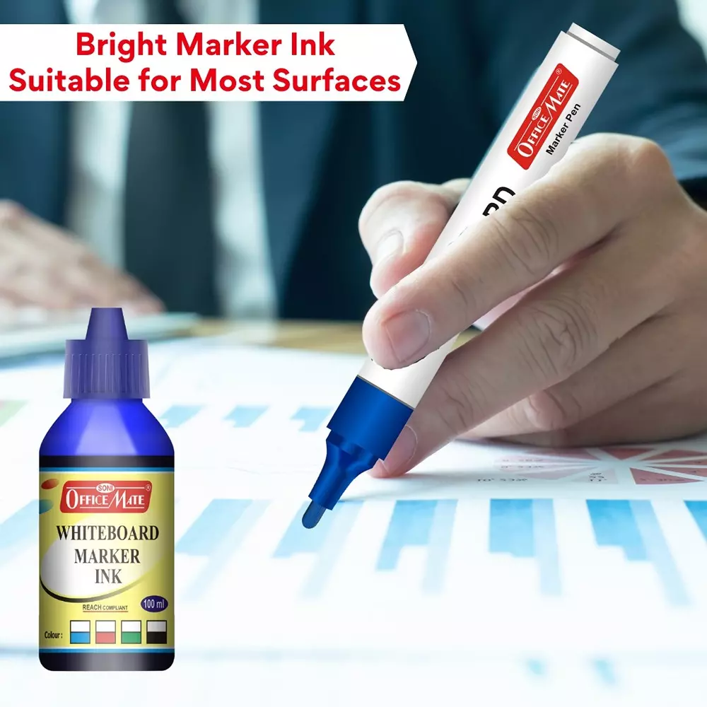 Soni Office Mate 100 ml Whiteboard Marker Refill Ink Blue Color Quick Dry Smooth & Eco-Friendly for School & Office (Pack of 10)