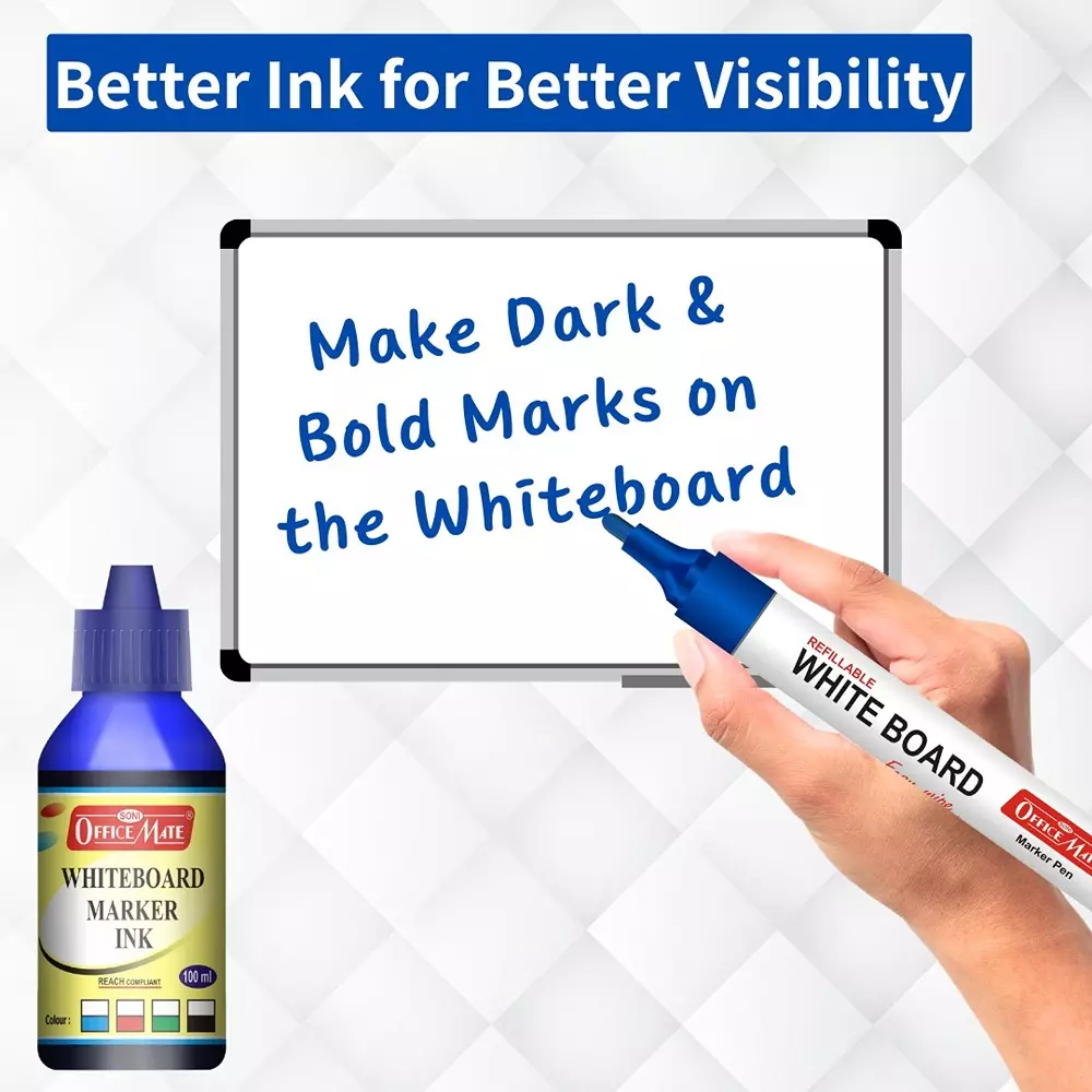 Soni Office Mate 100 ml Whiteboard Marker Refill Ink Blue Color Quick Dry Smooth & Eco-Friendly for School & Office (Pack of 10)