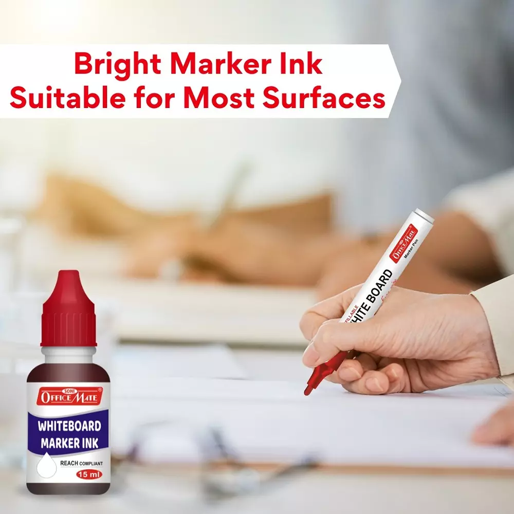 Soni Office Mate 15 ml Whiteboard Marker Refill Ink Red Color Quick Dry Smooth & Eco-Friendly for School & Office Use (Pack of 10)