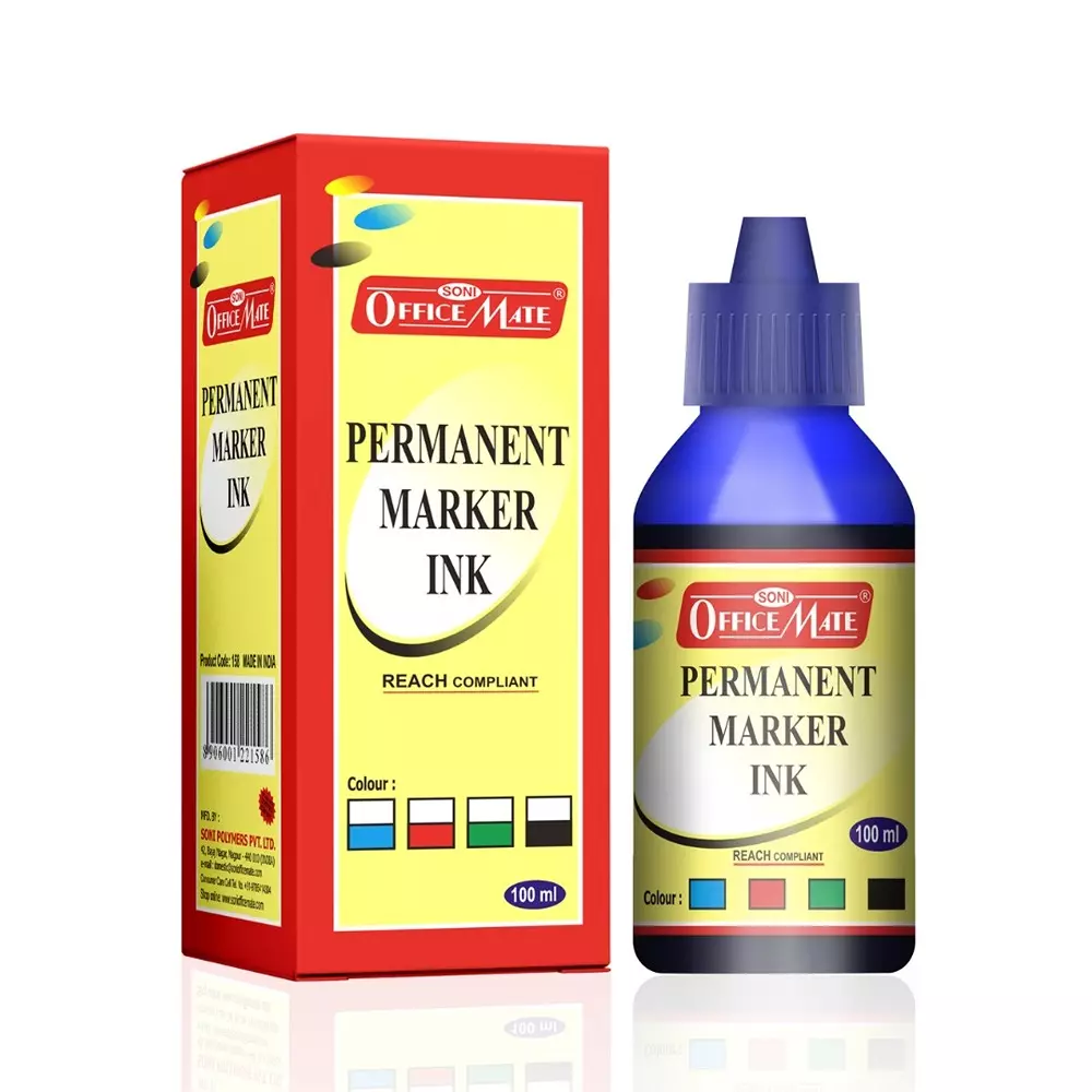 Soni Office Mate 100 ml Permanent Marker Refill Ink Quick Dry, Vibrant, Eco-Friendly, Blue (Pack of 10)