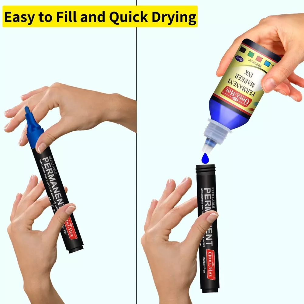 Soni Office Mate 100 ml Permanent Marker Refill Ink Quick Dry, Vibrant, Eco-Friendly, Blue (Pack of 10)