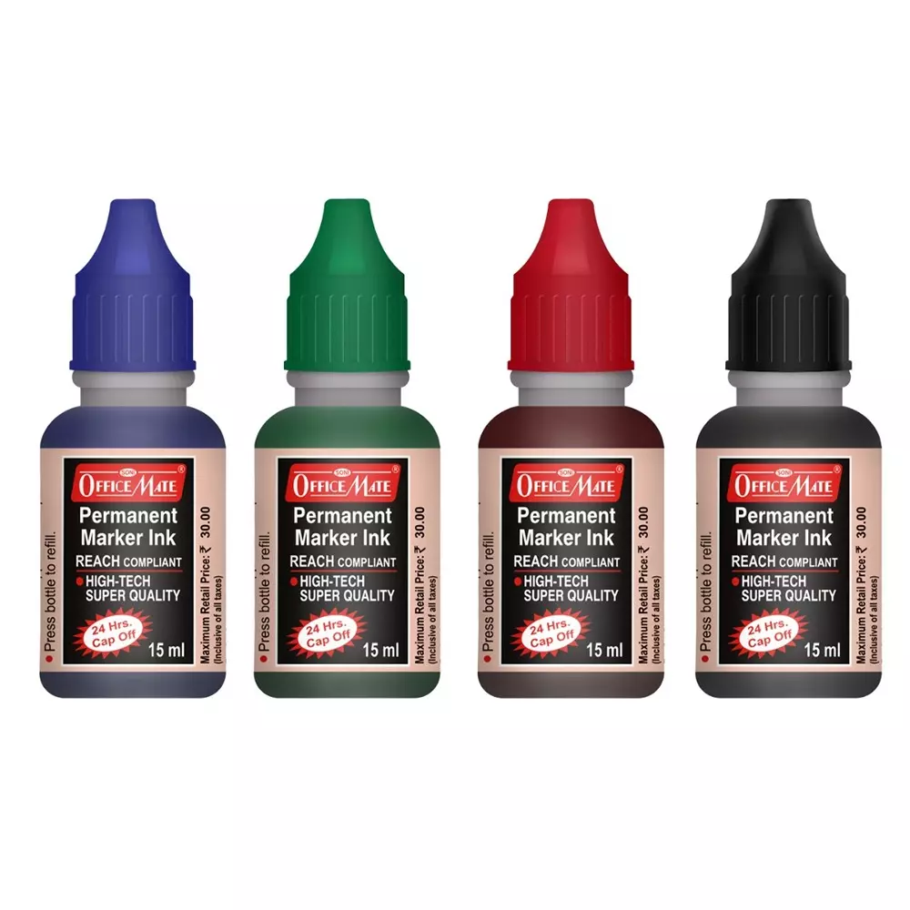 Soni Office Mate 15 ml Permanent Marker Refill Ink Quick Dry, Vibrant, Eco-Friendly, Multicolor (Pack of 10)