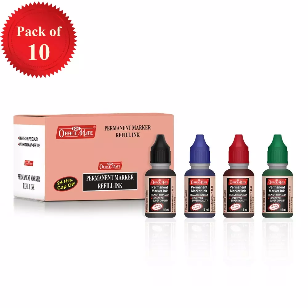 Soni Office Mate 15 ml Permanent Marker Refill Ink Quick Dry, Vibrant, Eco-Friendly, Multicolor (Pack of 10)