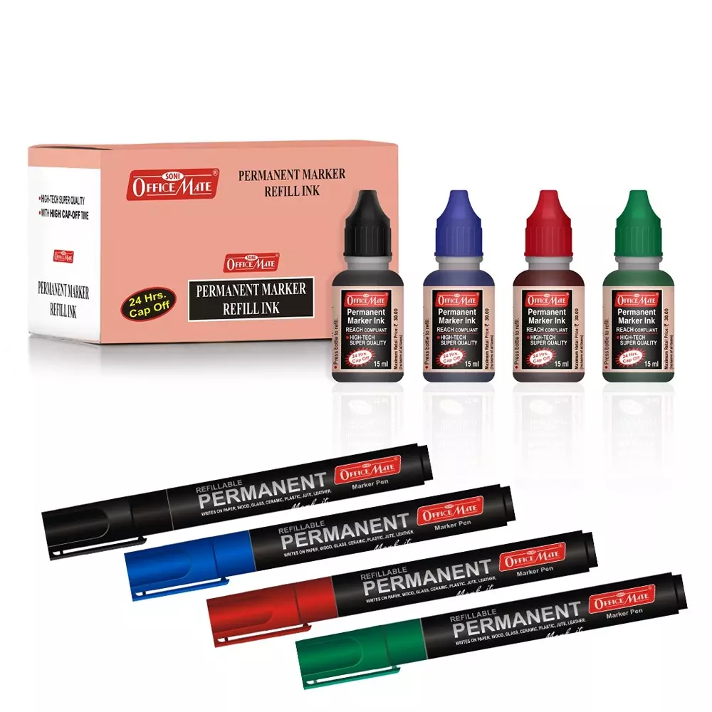 Soni Office Mate 15 ml Permanent Marker Refill Ink Quick Dry, Vibrant, Eco-Friendly, Multicolor (Pack of 10)