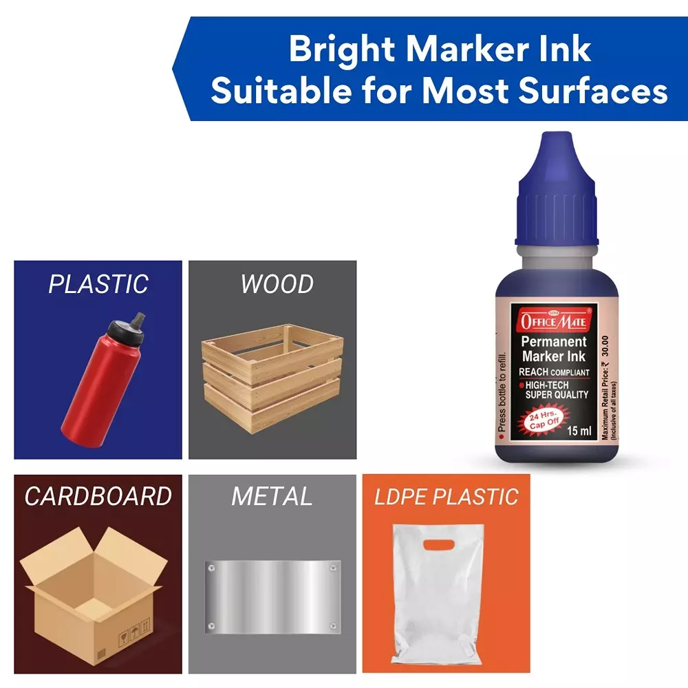Soni Office Mate 15 ml Permanent Marker Refill Ink Quick Dry, Vibrant, Eco-Friendly, Multicolor (Pack of 10)
