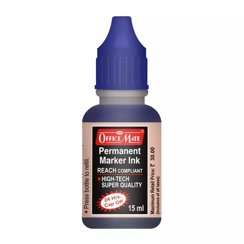 Soni Office Mate 15 ml Permanent Marker Refill Ink Quick Dry, Vibrant, Eco-Friendly, Blue (Pack of 10)