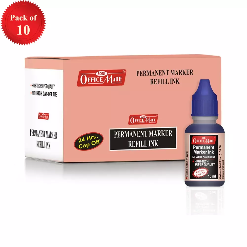 Soni Office Mate 15 ml Permanent Marker Refill Ink Quick Dry, Vibrant, Eco-Friendly, Blue (Pack of 10)