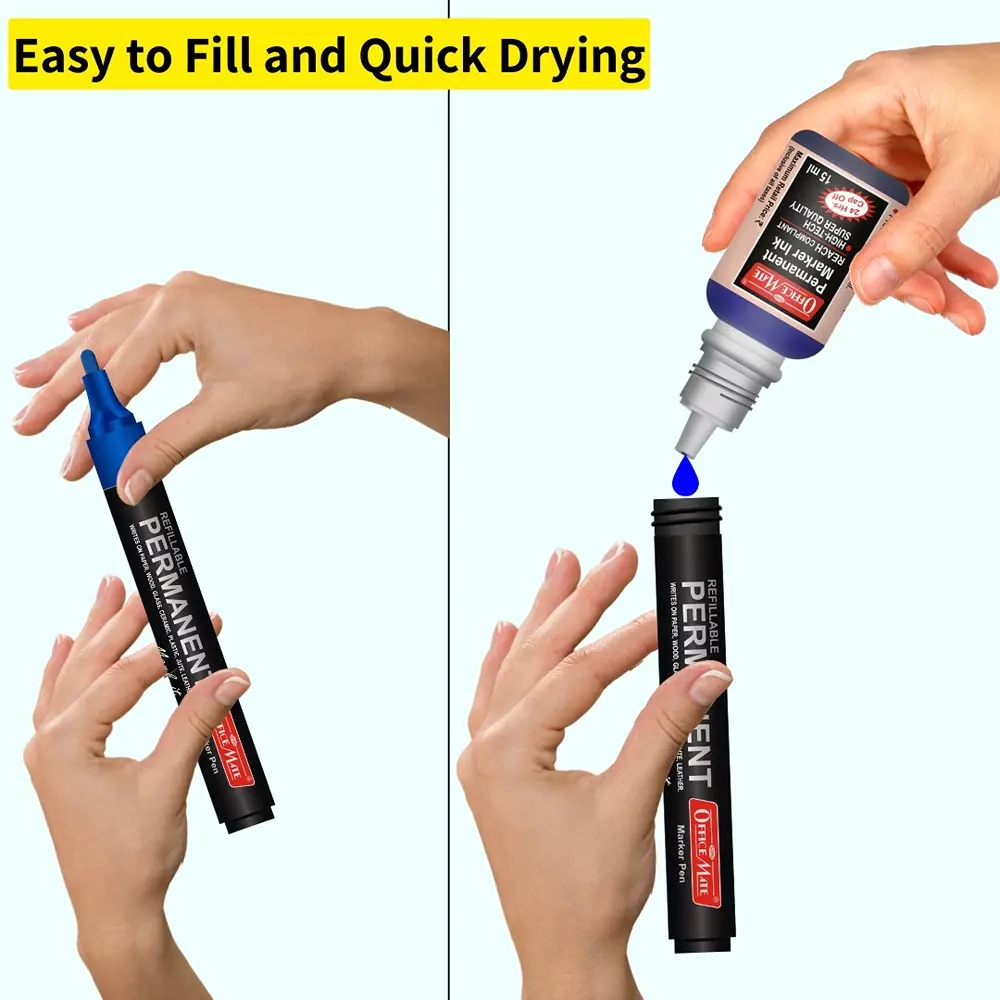 Soni Office Mate 15 ml Permanent Marker Refill Ink Quick Dry, Vibrant, Eco-Friendly, Blue (Pack of 10)