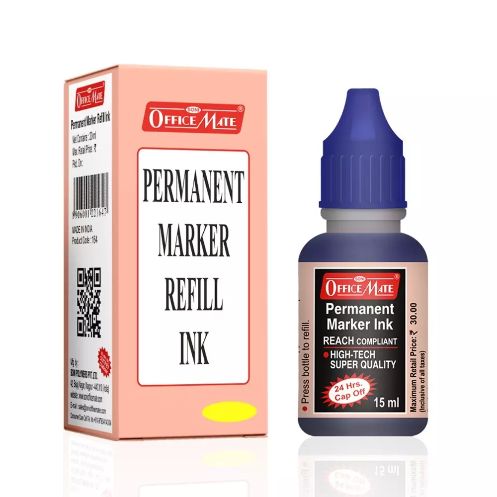 Soni Office Mate 15 ml Permanent Marker Refill Ink Quick Dry, Vibrant, Eco-Friendly, Blue (Pack of 10)