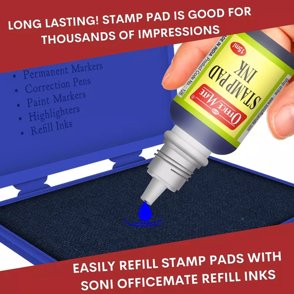 Soni Office Mate 15 ml Stamp Pad Refill Ink Quick Dry Smudge Free Long Lasting for School, Office, Craft & DIY, Blue (Pack of 10)