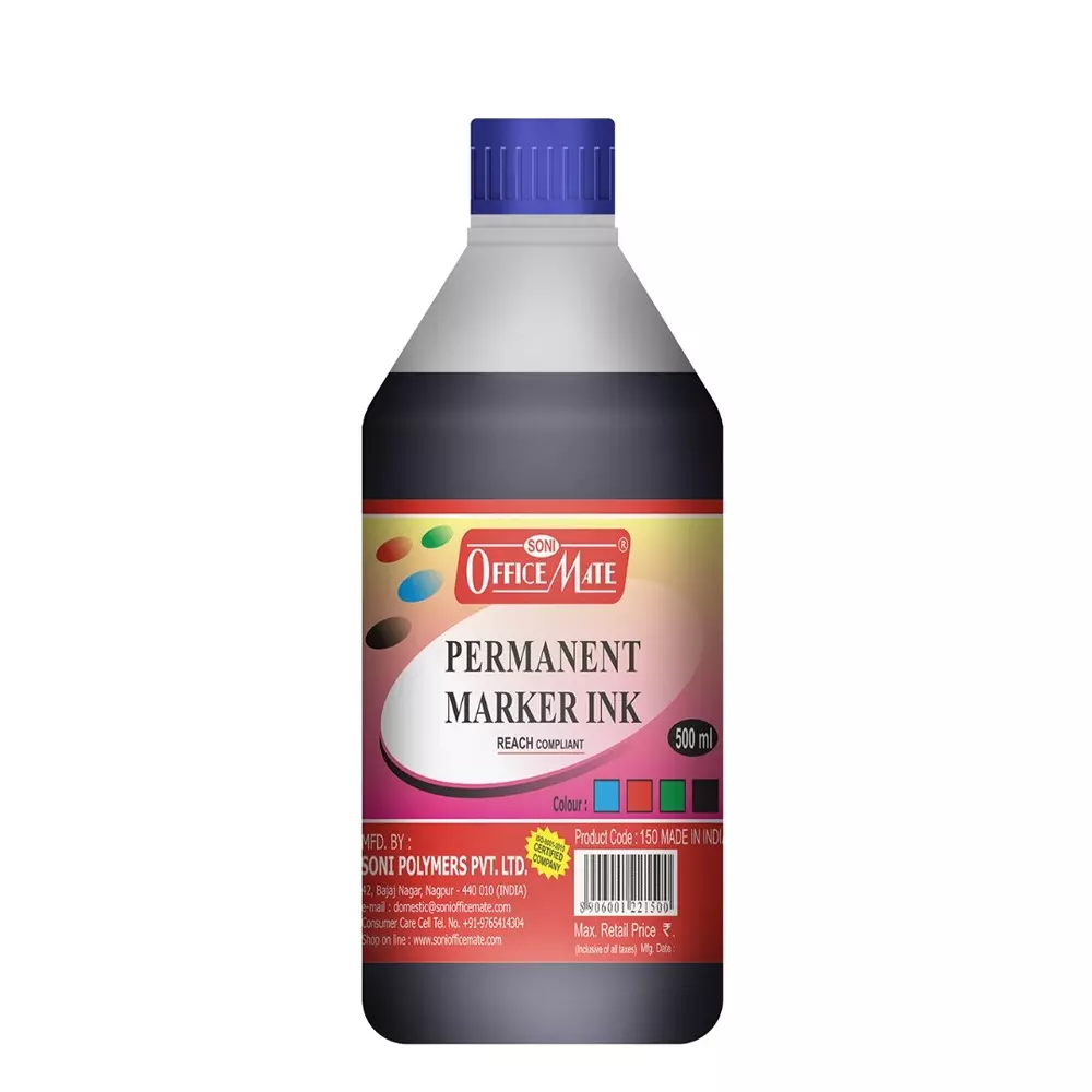 Soni Office Mate 500 ml Permanent Marker Refill Ink Quick Dry, Vibrant, Eco-Friendly, Blue