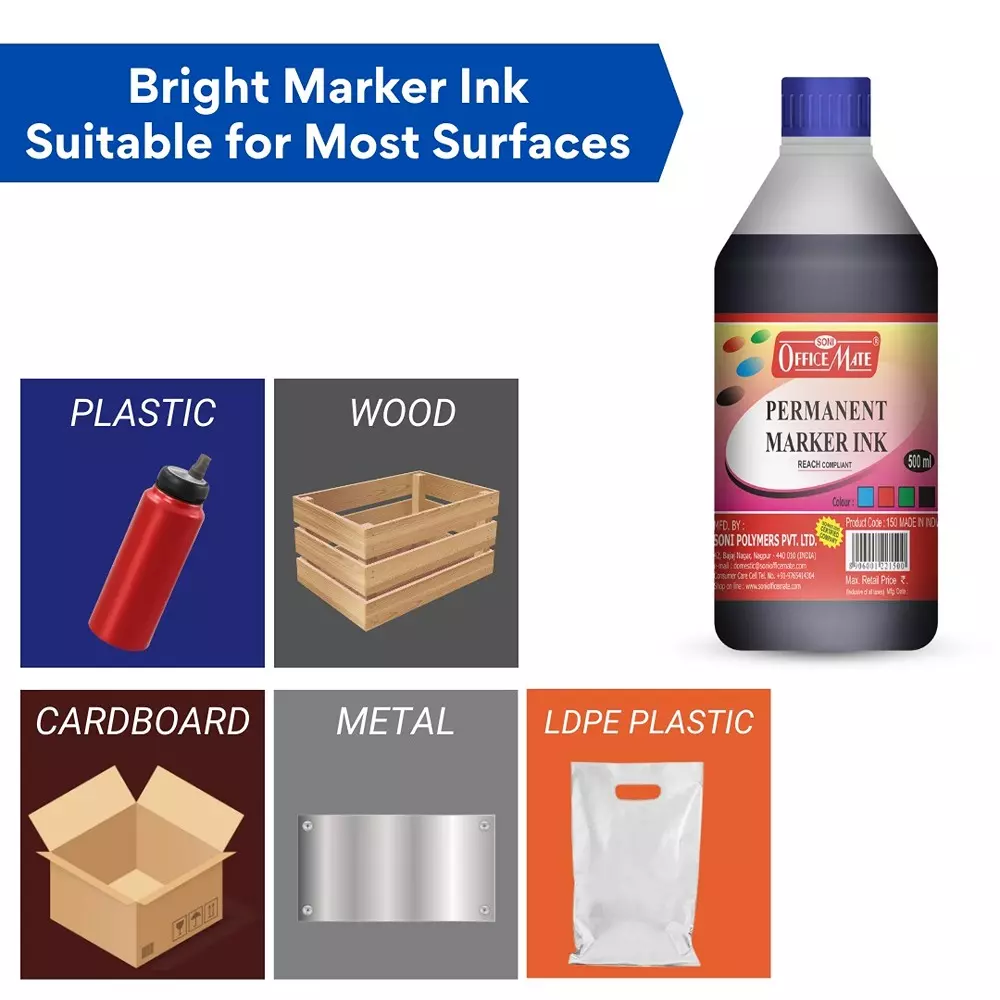 Soni Office Mate 500 ml Permanent Marker Refill Ink Quick Dry, Vibrant, Eco-Friendly, Blue