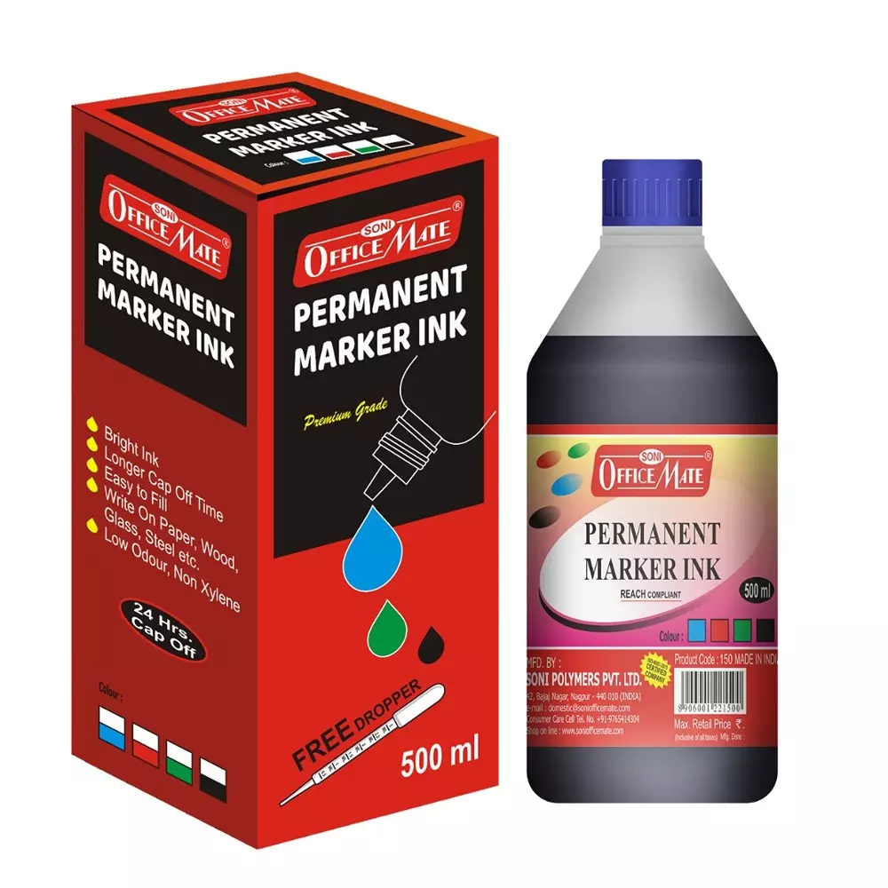 Soni Office Mate 500 ml Permanent Marker Refill Ink Quick Dry, Vibrant, Eco-Friendly, Blue