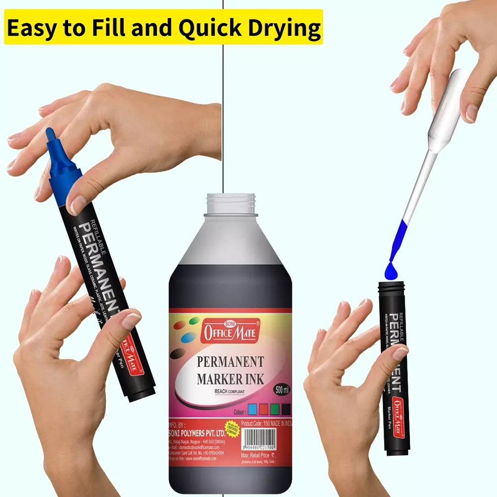 Soni Office Mate 500 ml Permanent Marker Refill Ink Quick Dry, Vibrant, Eco-Friendly, Blue