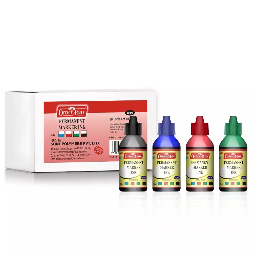 Soni Office Mate 100 ml Permanent Marker Refill Ink Long Lasting, Eco-Friendly, Multicolor (Pack of 10)