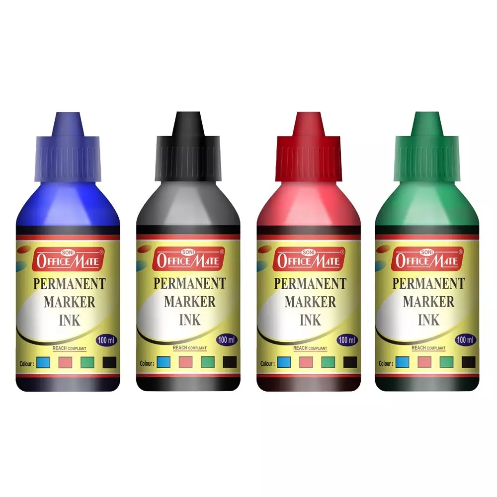 Soni Office Mate 100 ml Permanent Marker Refill Ink Long Lasting, Eco-Friendly, Multicolor (Pack of 10)