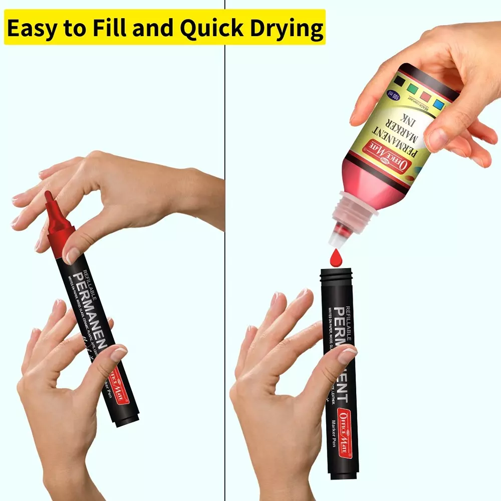Soni Office Mate 100 ml Permanent Marker Refill Ink Long Lasting, Eco-Friendly, Multicolor (Pack of 10)