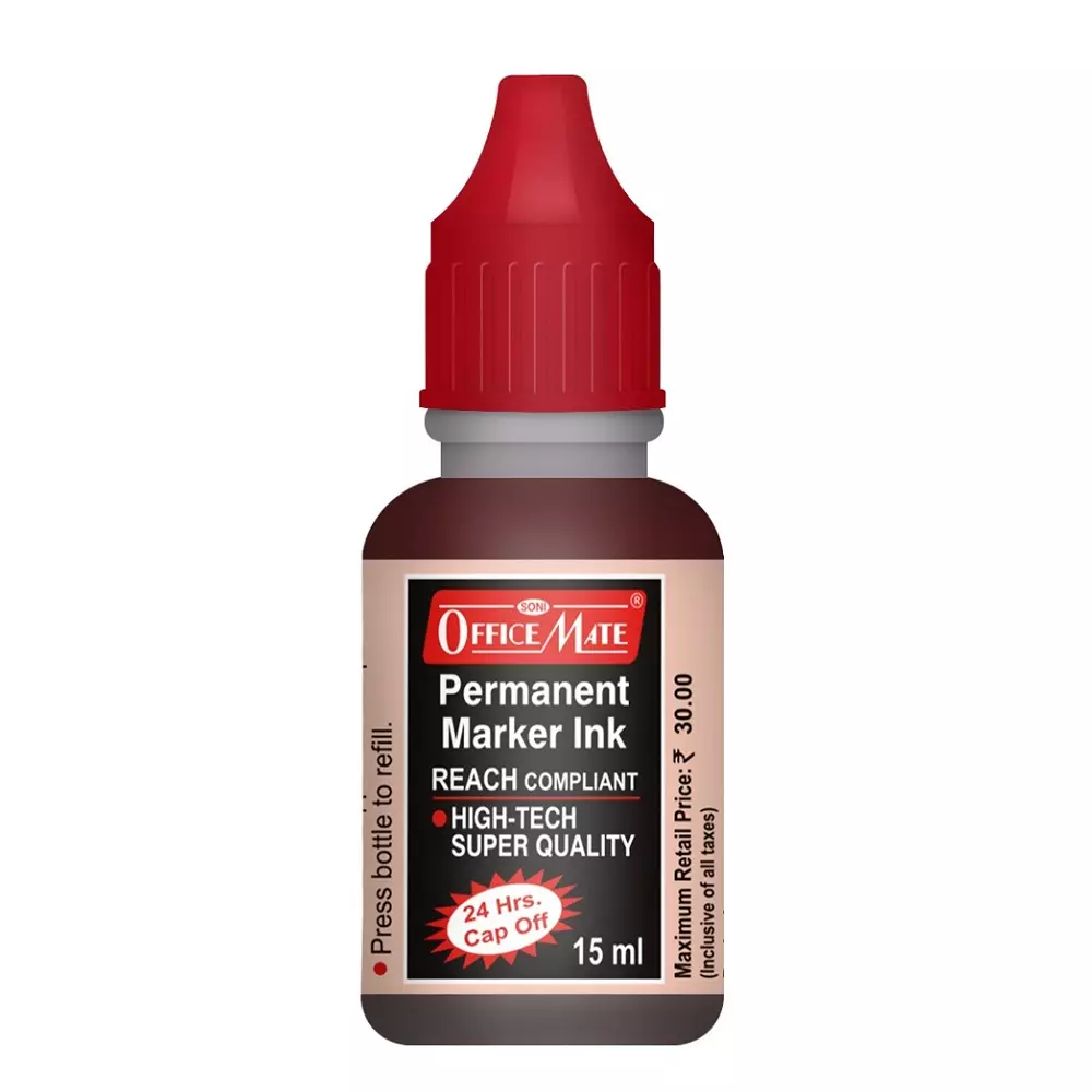 Soni Office Mate 15 ml Permanent Marker Refill Ink Quick Dry, Vibrant, Eco-Friendly, Red (Pack of 10)