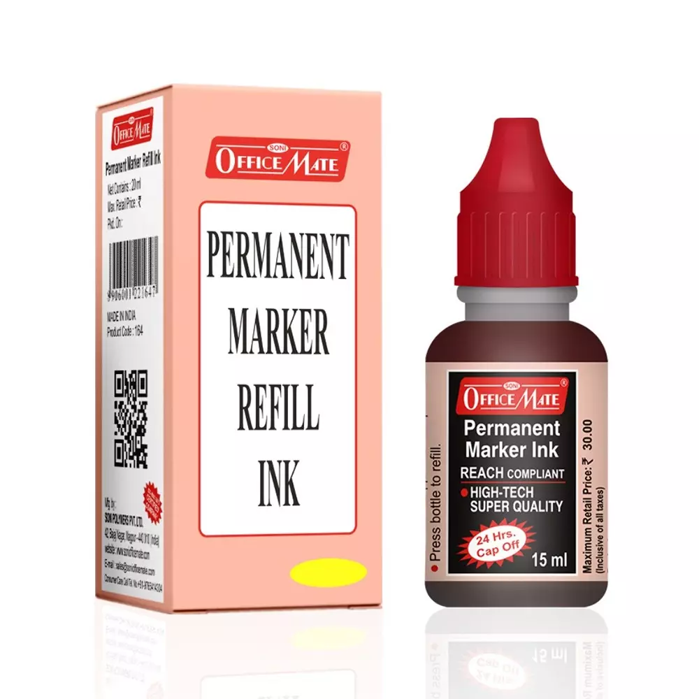 Soni Office Mate 15 ml Permanent Marker Refill Ink Quick Dry, Vibrant, Eco-Friendly, Red (Pack of 10)