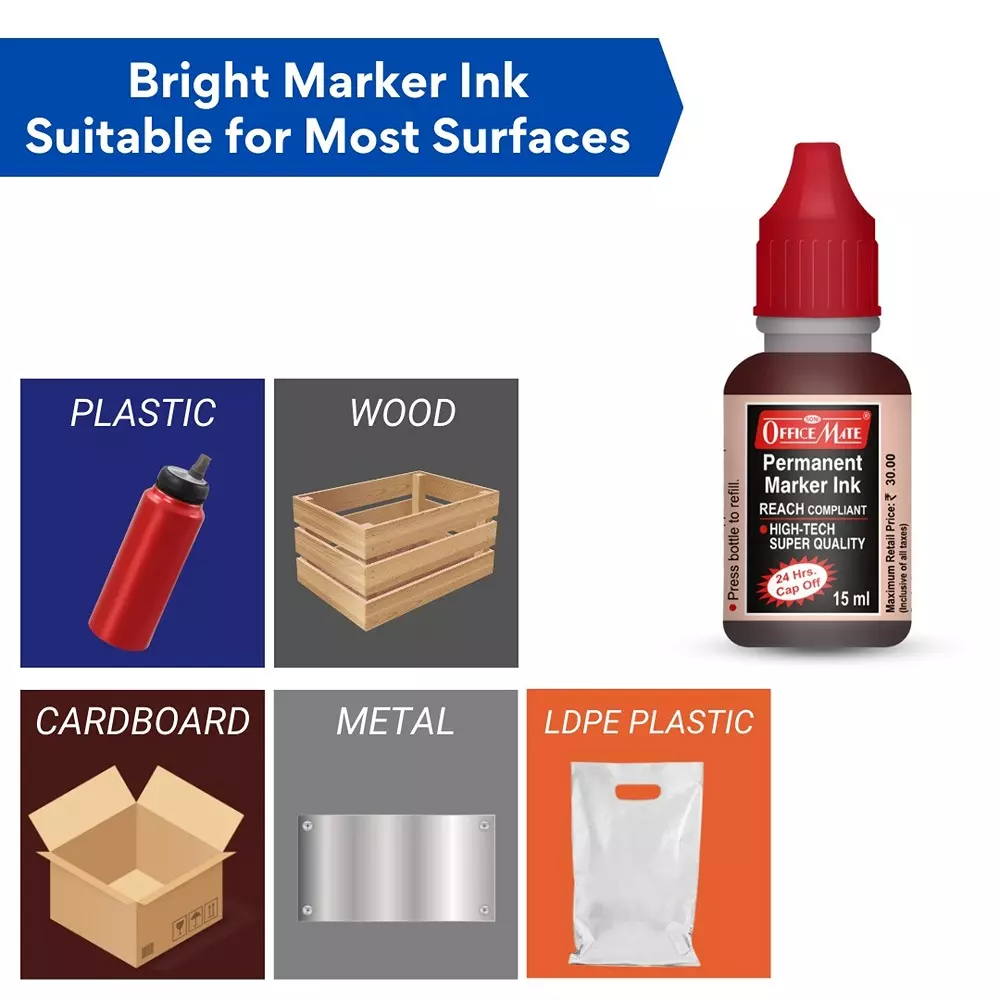 Soni Office Mate 15 ml Permanent Marker Refill Ink Quick Dry, Vibrant, Eco-Friendly, Red (Pack of 10)
