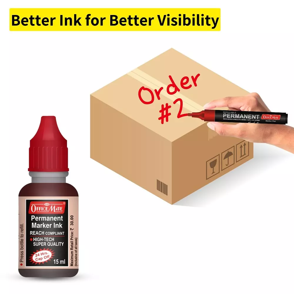 Soni Office Mate 15 ml Permanent Marker Refill Ink Quick Dry, Vibrant, Eco-Friendly, Red (Pack of 10)