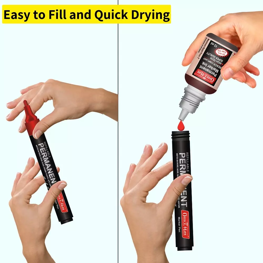 Soni Office Mate 15 ml Permanent Marker Refill Ink Quick Dry, Vibrant, Eco-Friendly, Red (Pack of 10)