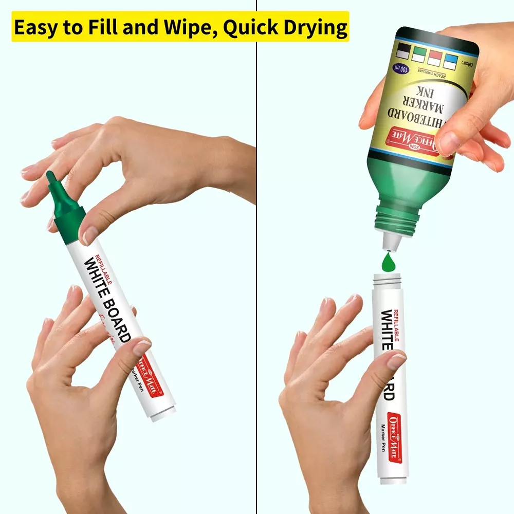 Soni Office Mate 100 ml Whiteboard Marker Refill Ink Green Color Quick Dry Smooth & Eco-Friendly for School & Office (Pack of 10)