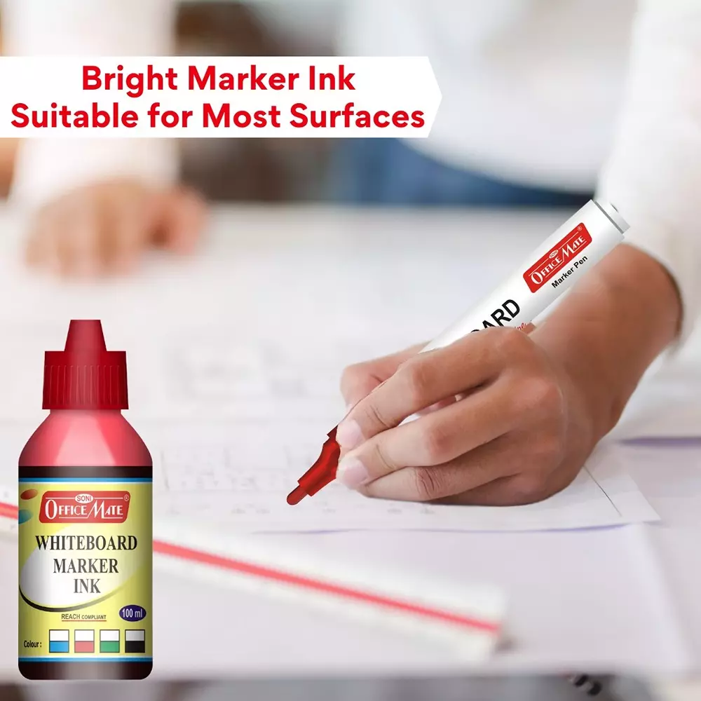 Soni Office Mate 100 ml Whiteboard Marker Refill Ink Red Color Quick Dry Smooth & Eco-Friendly for School & Office (Pack of 10)