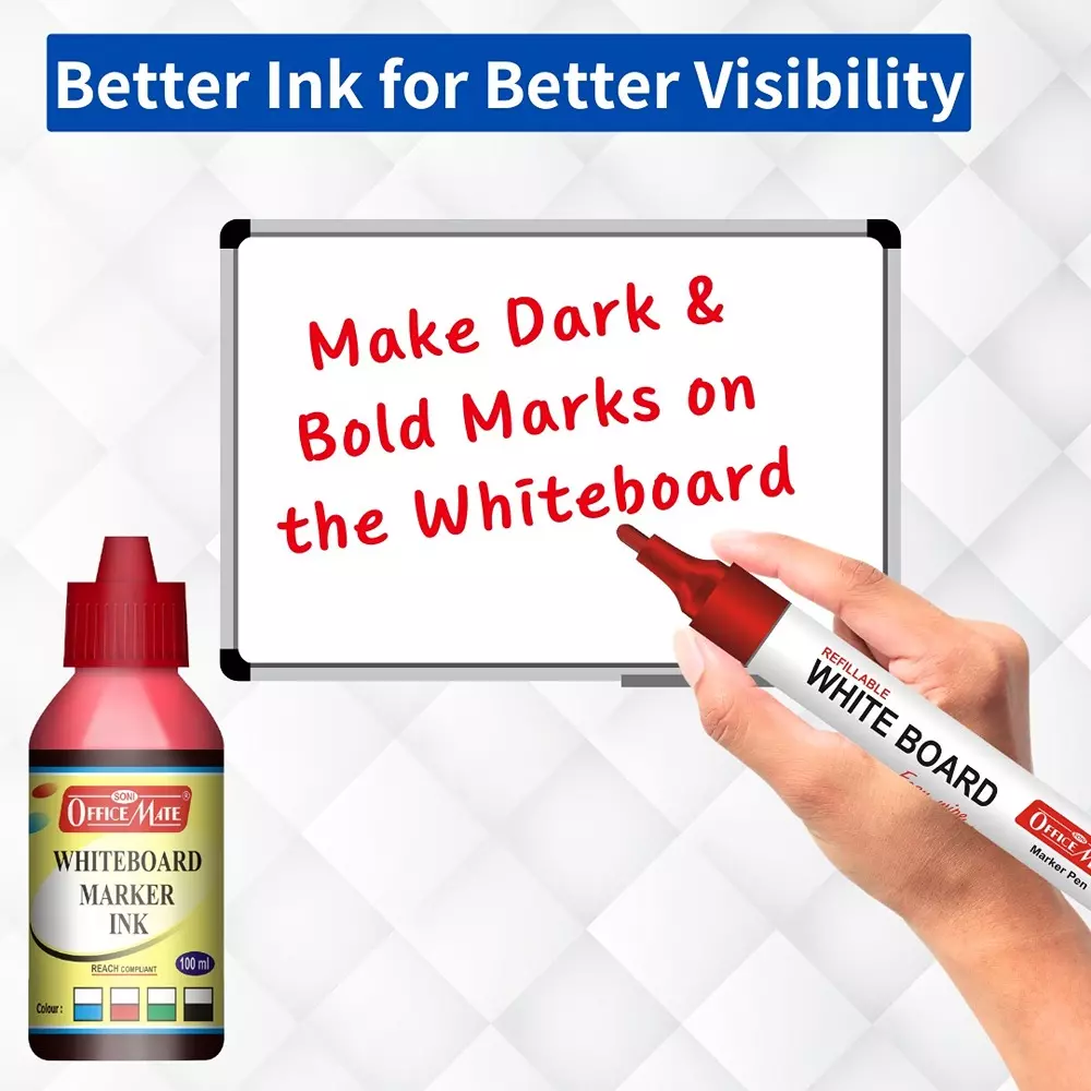 Soni Office Mate 100 ml Whiteboard Marker Refill Ink Red Color Quick Dry Smooth & Eco-Friendly for School & Office (Pack of 10)