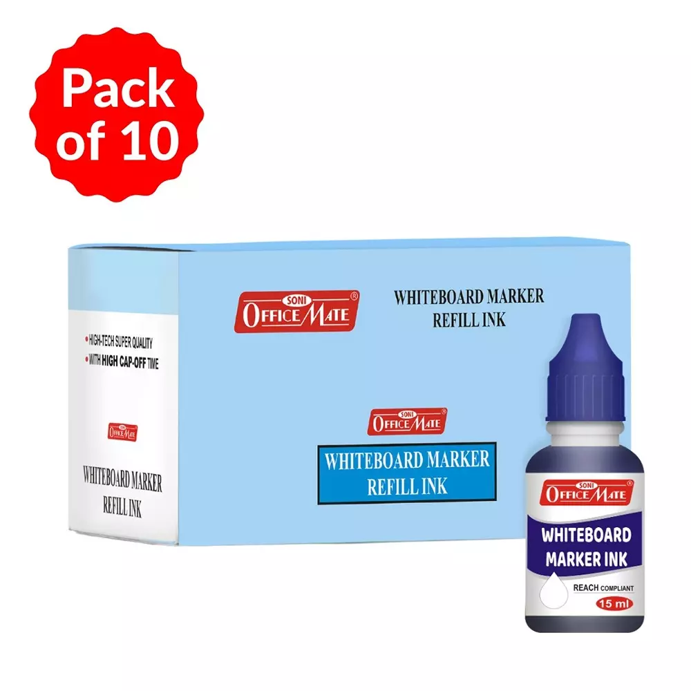 Soni Office Mate 15 ml Whiteboard Marker Refill Ink Blue Color Quick Dry Smooth & Eco-Friendly for School & Office Use (Pack of 10)