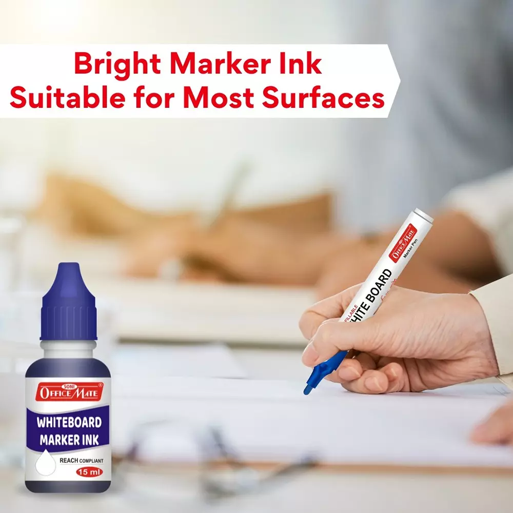 Soni Office Mate 15 ml Whiteboard Marker Refill Ink Blue Color Quick Dry Smooth & Eco-Friendly for School & Office Use (Pack of 10)