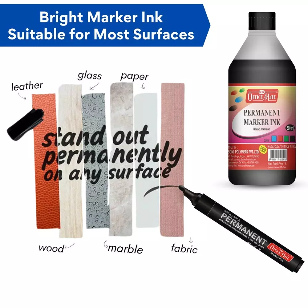 Soni Office Mate 500 ml Permanent Marker Refill Ink Quick Dry, Vibrant, Eco-Friendly, Black