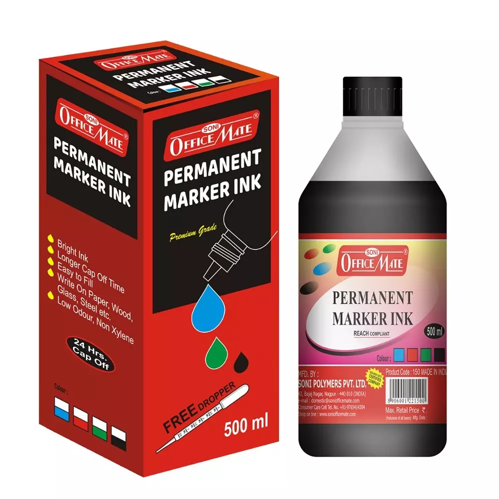 Soni Office Mate 500 ml Permanent Marker Refill Ink Quick Dry, Vibrant, Eco-Friendly, Black